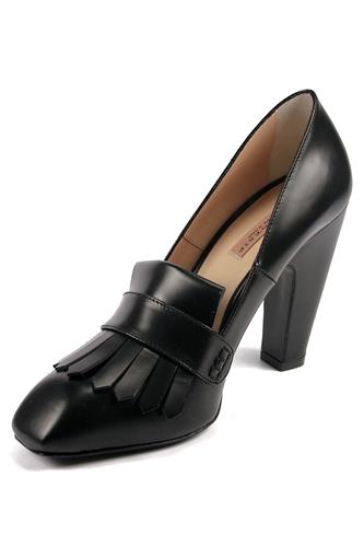 High Heel Shoes Fringe Black Leather